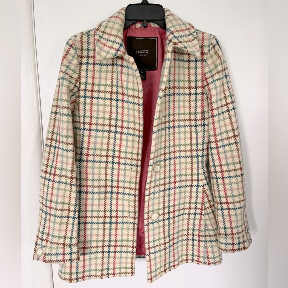 COACH Plaid Wool Pea Coat